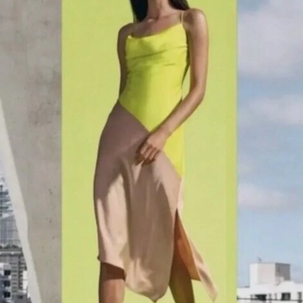 Cushnie X Target Tan and Lime Colorblock Cowl Neck Midi Slip Dress Size 14 - Picture 4 of 6